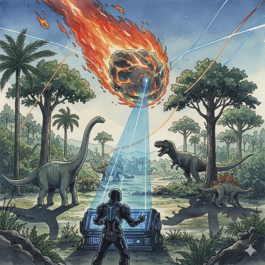 Asteroid approaching Earth with dinosaurs